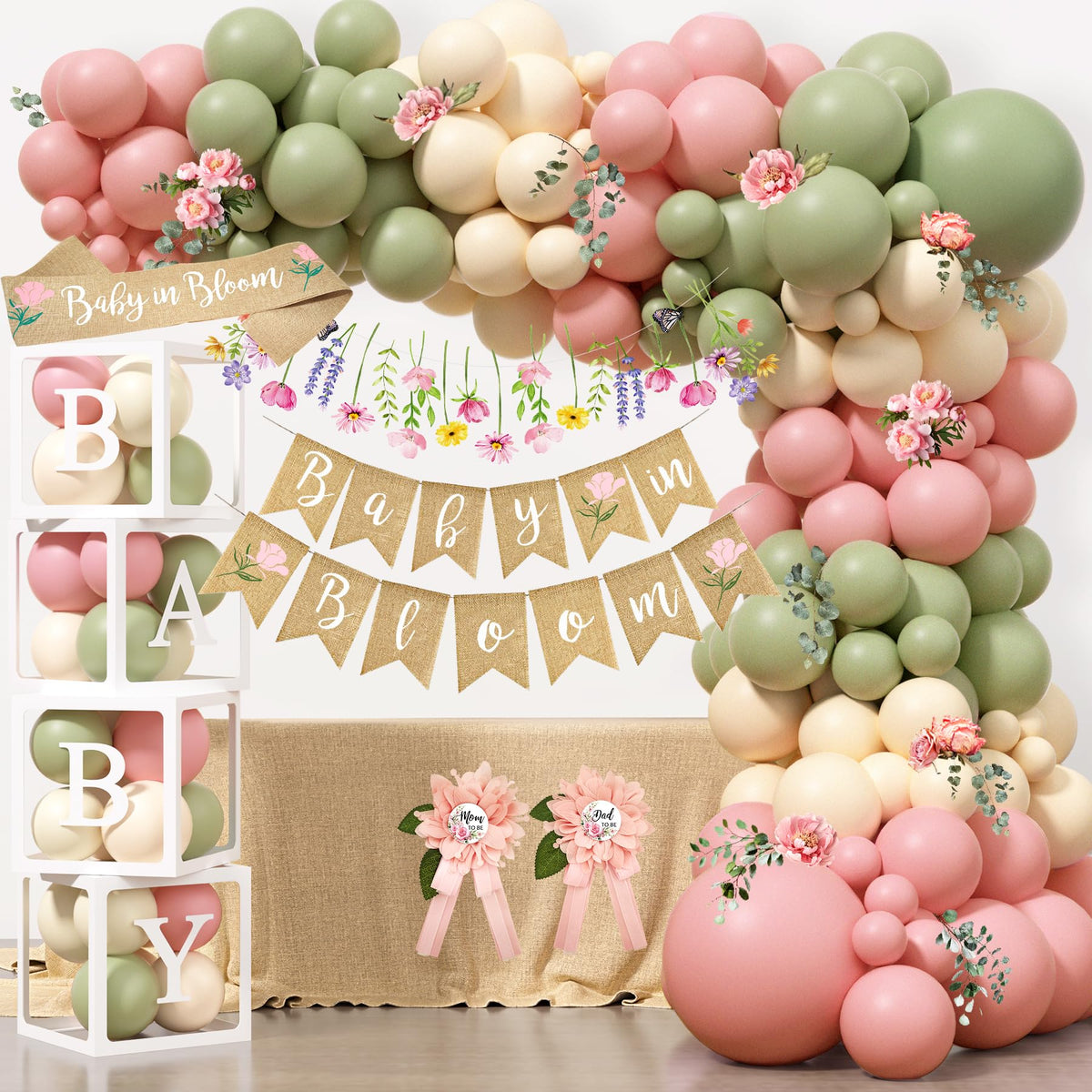 Monnberry Baby in Bloom banner boosts floral baby shower ambiance.
