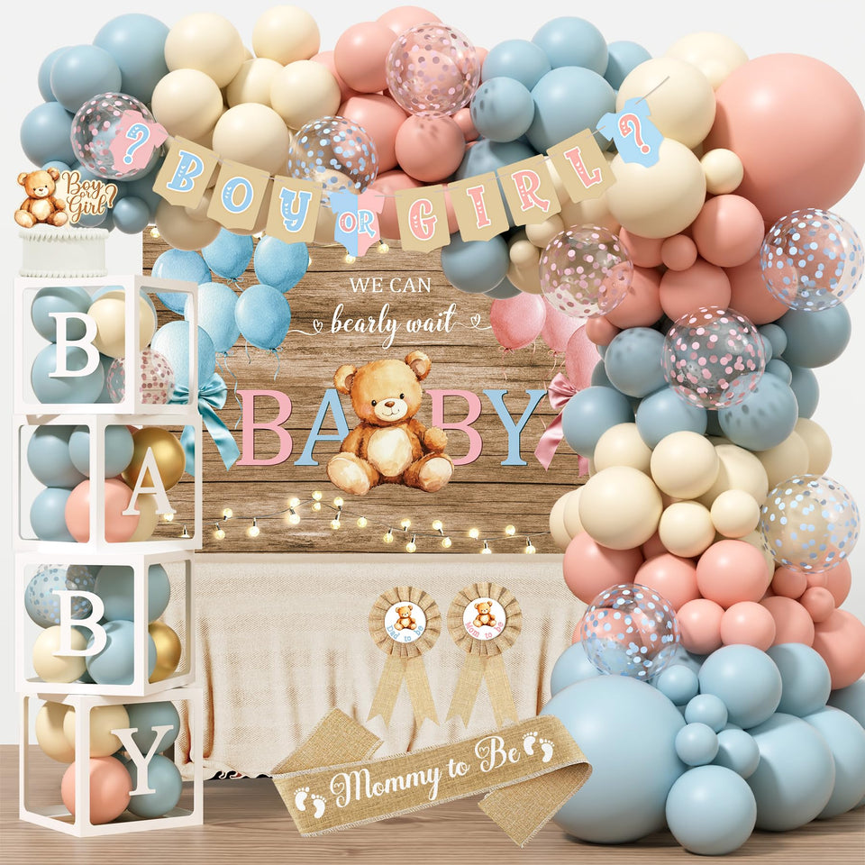 Monnberry bear gender reveal backdrop for a charming, photo-ready party centerpiece.