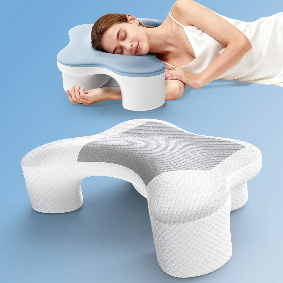 MONSAO side sleeper pillow with arm hole offering ergonomic support for side sleepers.