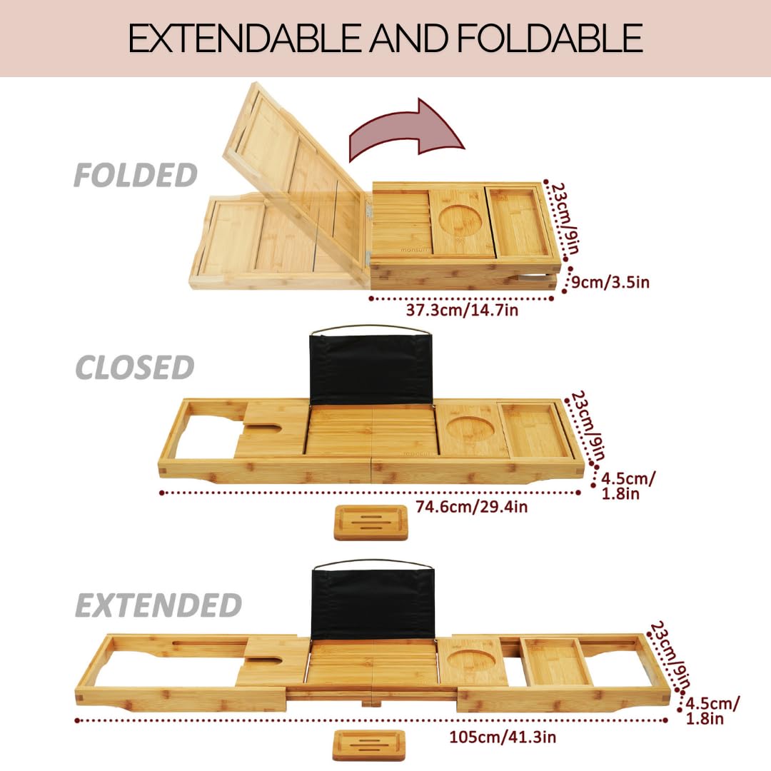 Monsuri foldable bath tray keeps accessories organized for a calm soak