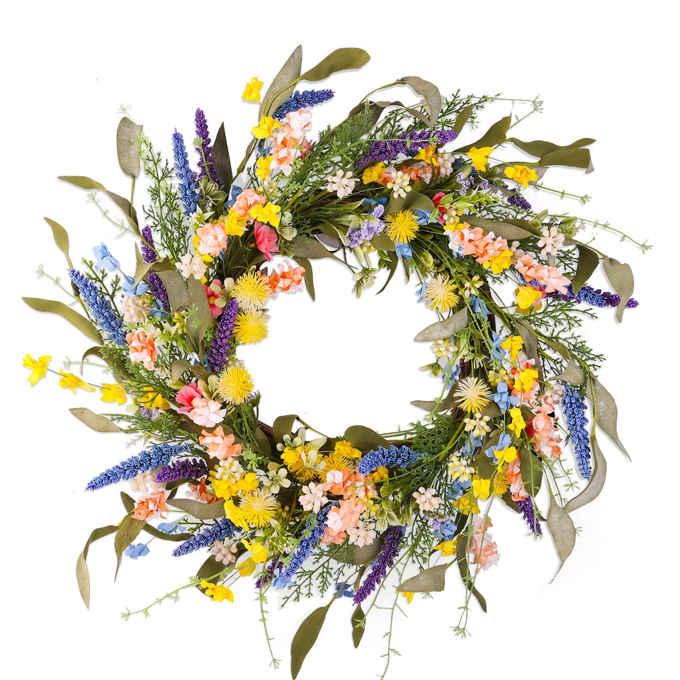 Montekin 22-inch wildflower wreath on front door boosts curb appeal.