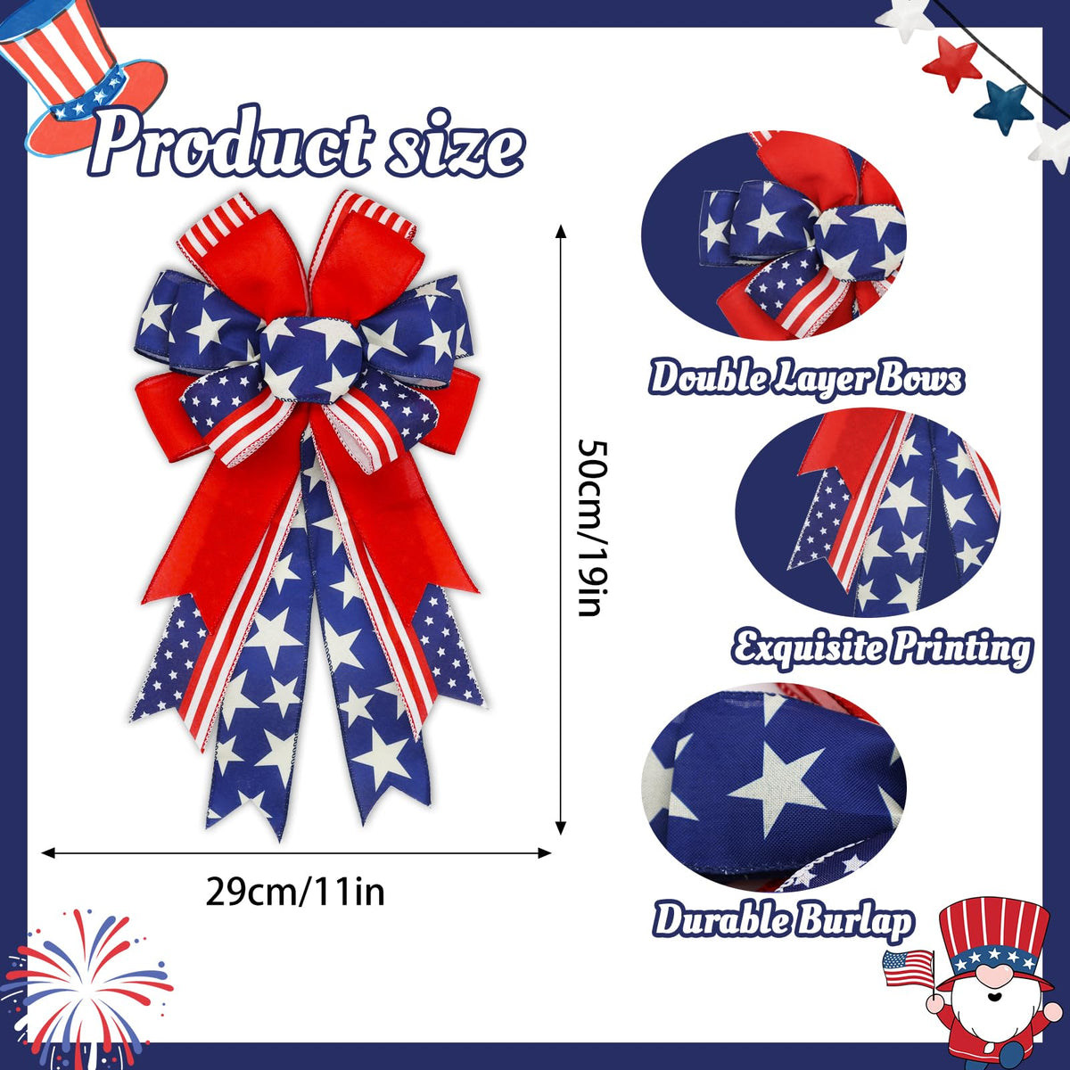 Montekin burlap patriotic bow in blue for porch and outdoor decor.