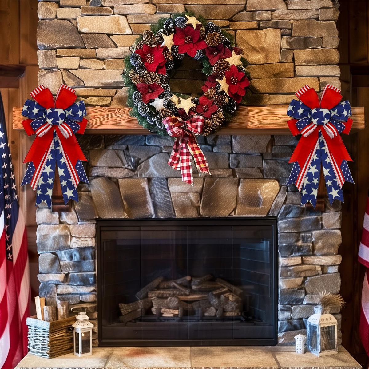 Montekin wreath accent with patriotic bow for outdoor spaces.