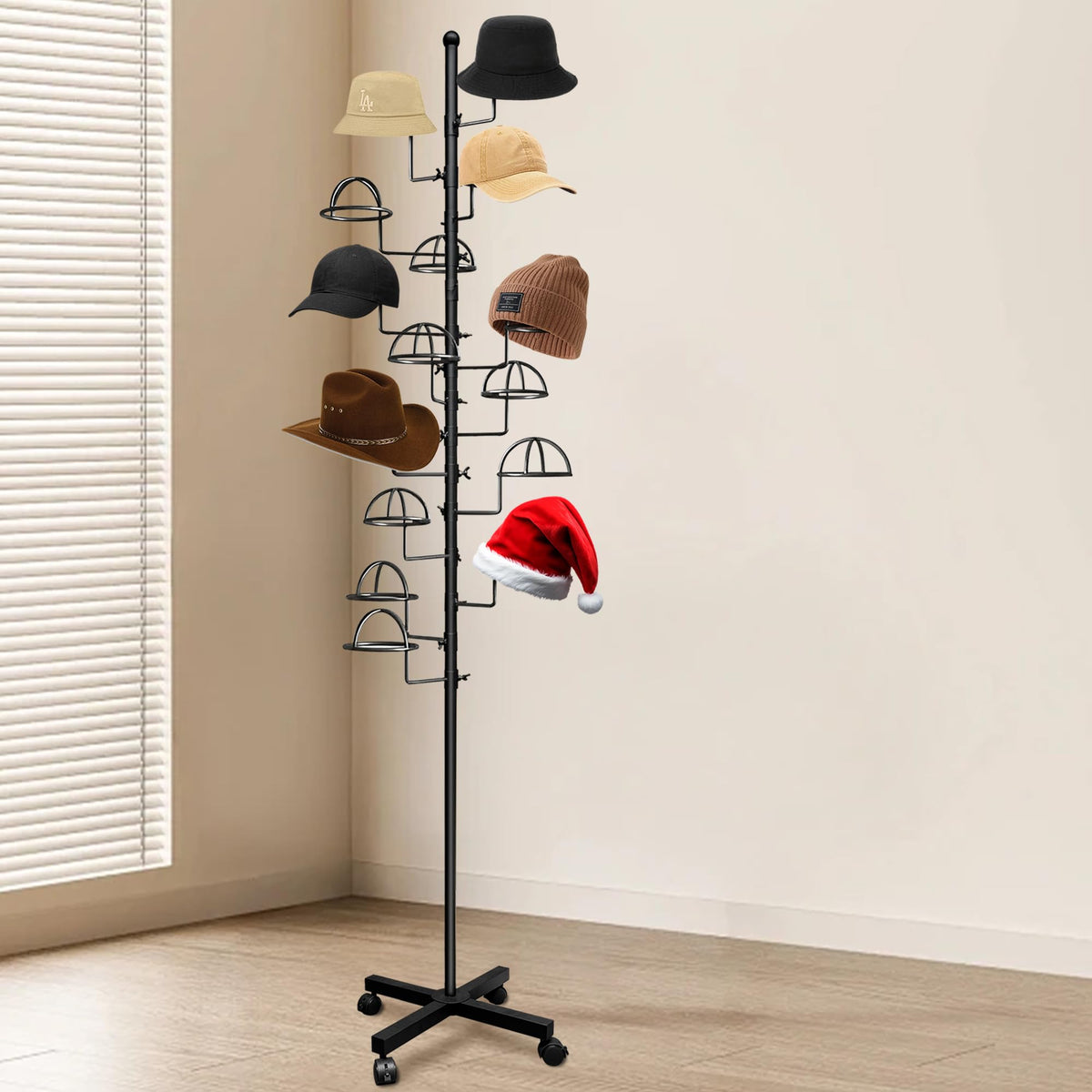 Montex hat rack stand on rolling base for easy repositioning around spaces.