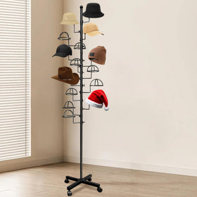 Montex hat rack stand on rolling base for easy repositioning around spaces.