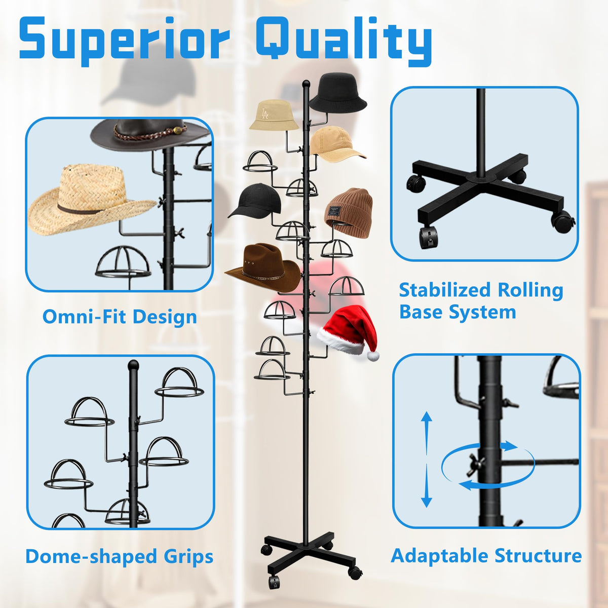 Montex hat rack stand features vertical adjustability to fit various hat sizes.