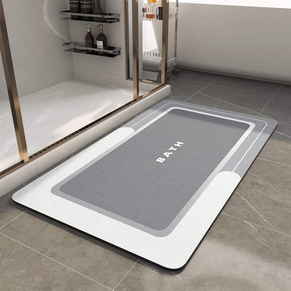 MontVoo bath mat with non-slip rubber backing for safer footing on wet floors.