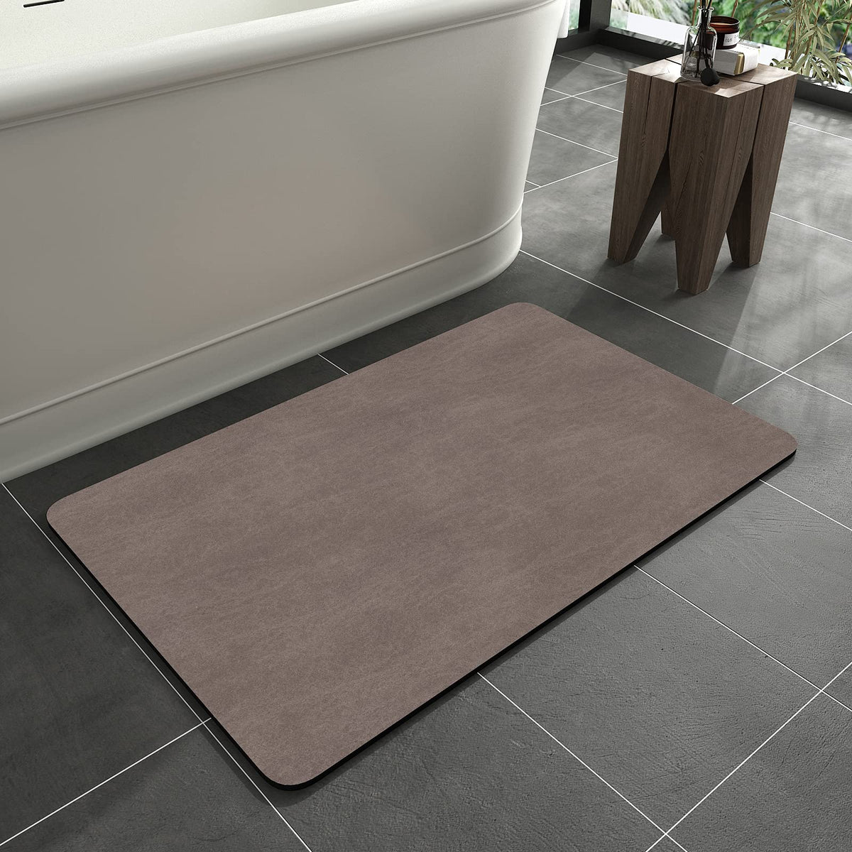 MontVoo bath mat rug in brown faux suede surface for quick-dry absorbency.