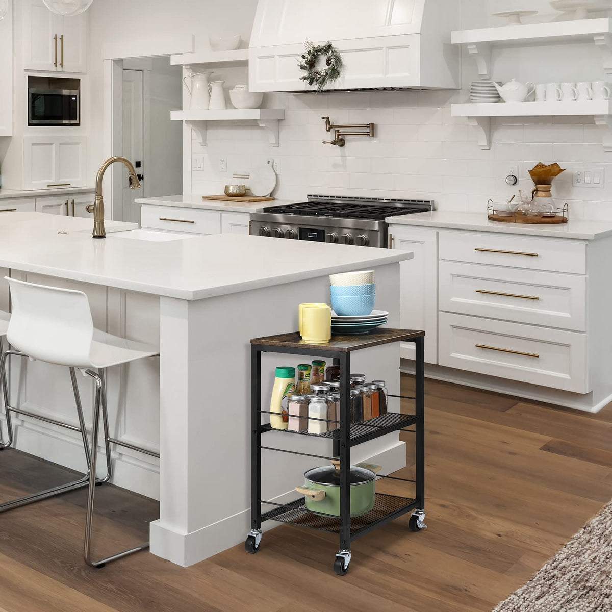 MOOACE Rustic end table with wheels helps rearrange rooms quickly.