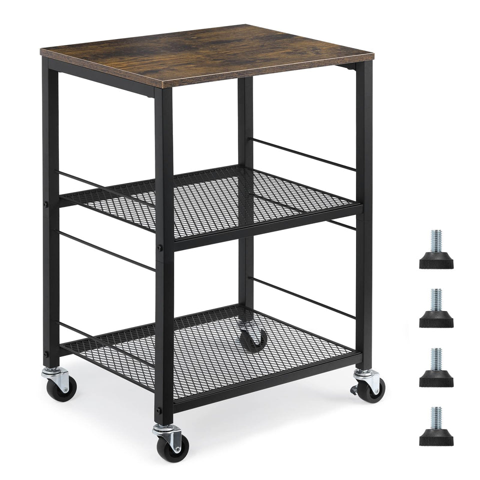 MOOACE Rustic 3-Tier End Table with Wheel viewed from the side for mobility.