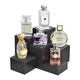 MOOCA wooden six-piece square risers display set shown on a countertop.