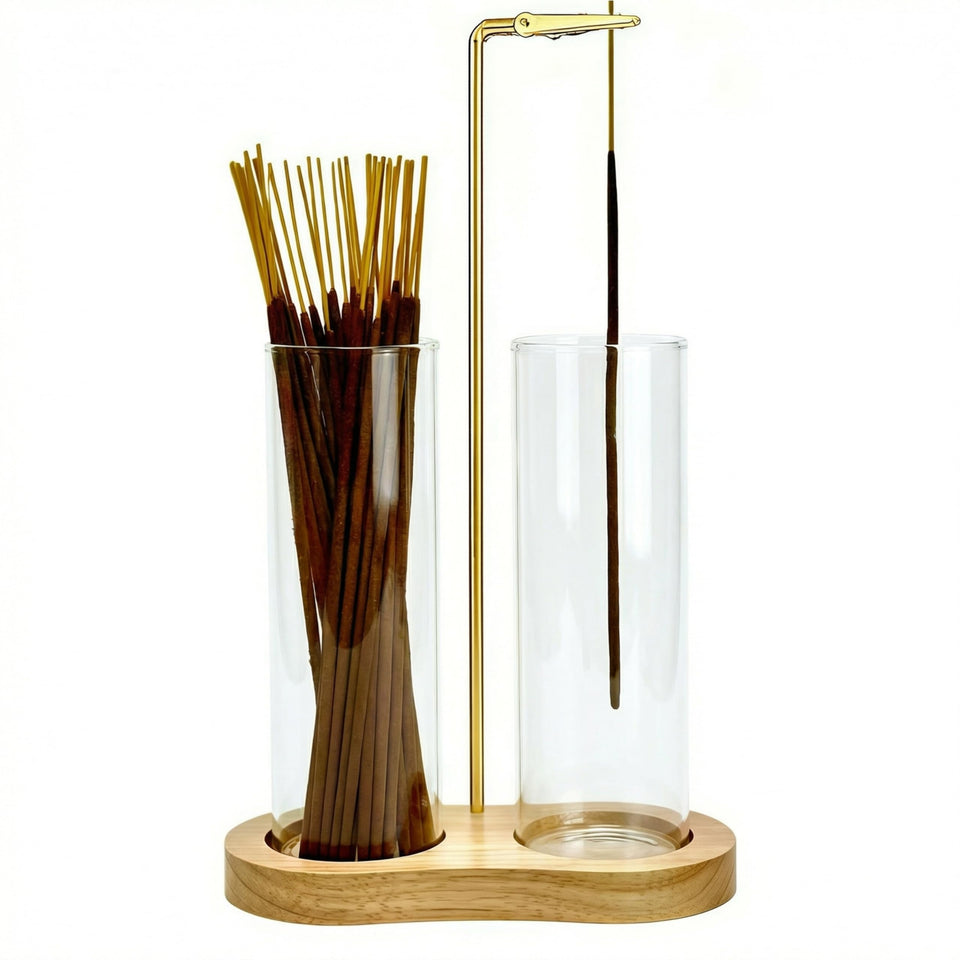 Moocervi glass incense holder with ash catcher for clean meditation surfaces.