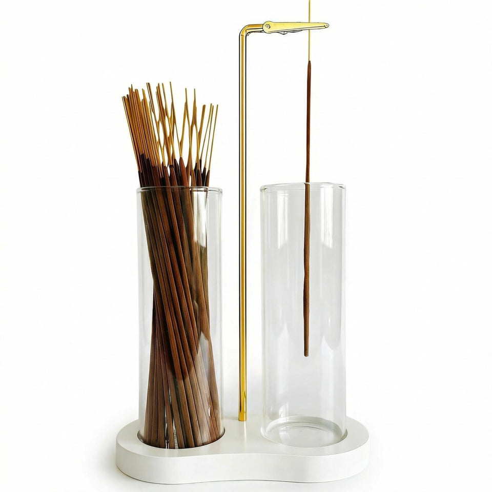 Moocervi white incense holder base shown in natural wood for serene spaces