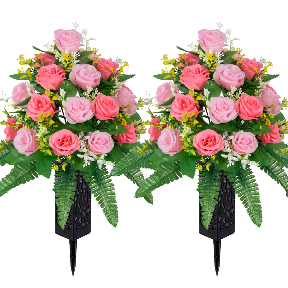 MOOMASS artificial cemetery flowers pink rose bouquets for long-lasting remembrance.