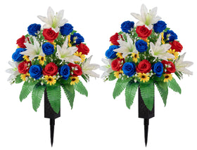 MOOMASS cemetery flowers with red and blue roses for a graveside display, enduring realism