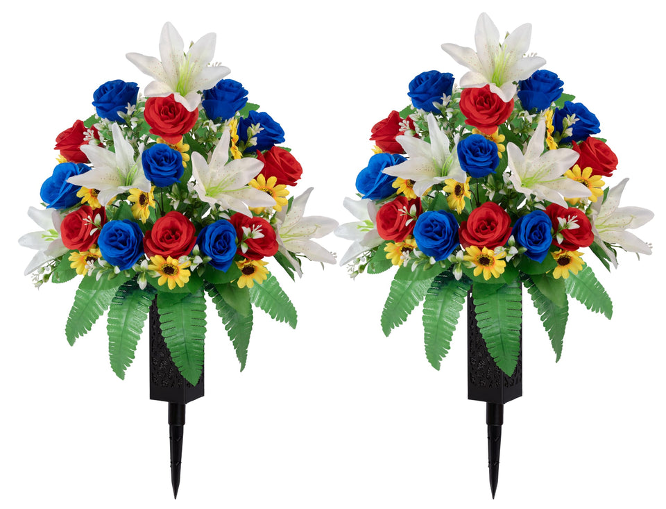 MOOMASS cemetery flowers with red and blue roses for a graveside display, enduring realism