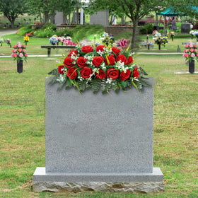 MOOMASS headstone saddle flowers demonstrate easy fit on most headstones