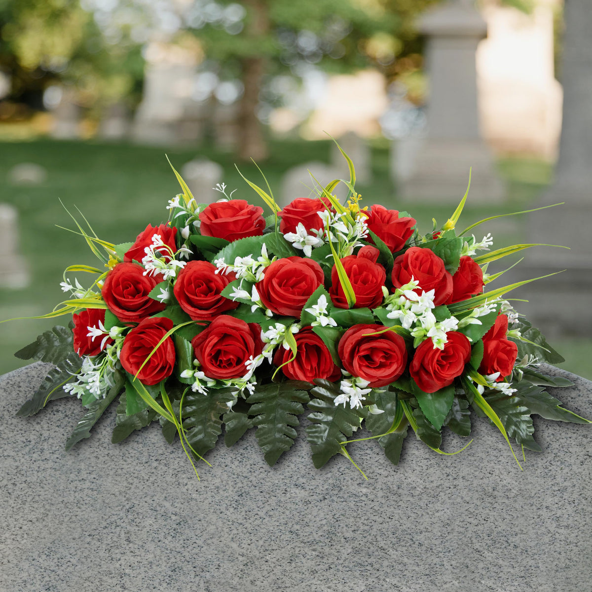 MOOMASS unique cemetery flowers saddle secures the arrangement on the headstone