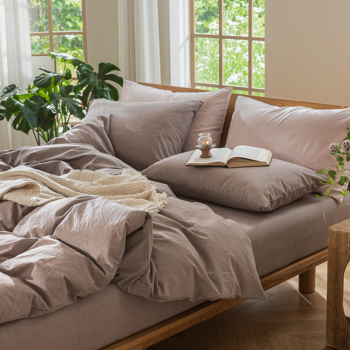 MooMee bedroom scene showcasing a cozy, resort-inspired retreat.