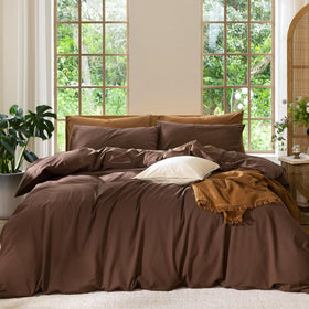 MooMee Cocoa Brown duvet cover close-up: linen-like texture and breathable cotton feel