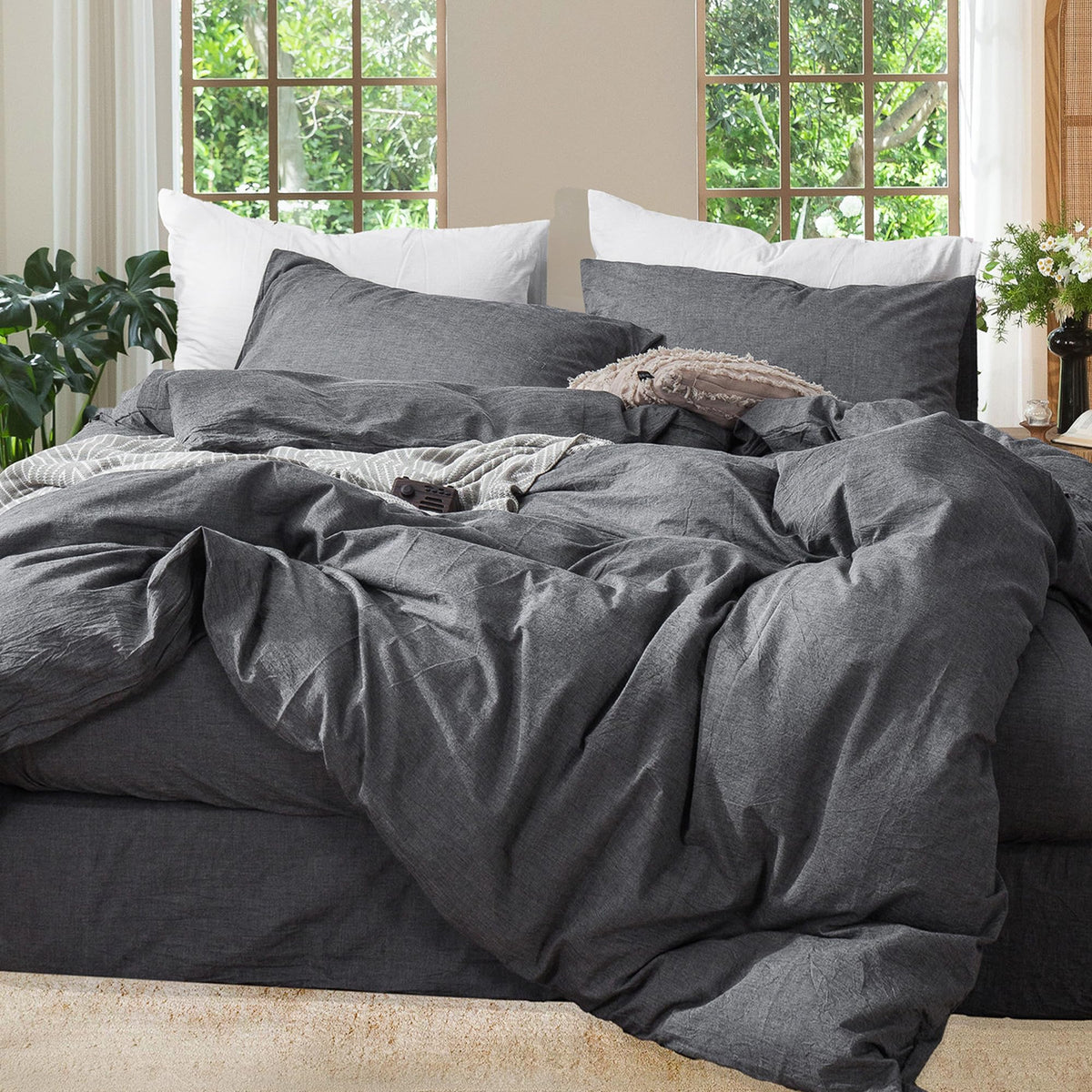 MooMee duvet cover in queen dark grey with linen-like texture for breathable comfort.