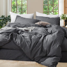 MooMee duvet cover in queen dark grey with linen-like texture for breathable comfort.