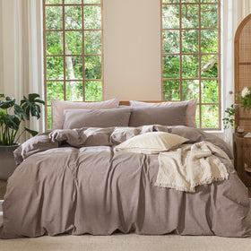 MooMee duvet cover texture close-up showing linen-like cotton for breathable comfort.