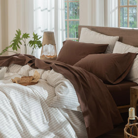 MooMee flat sheet in cocoa brown offers breathable comfort for cool nights