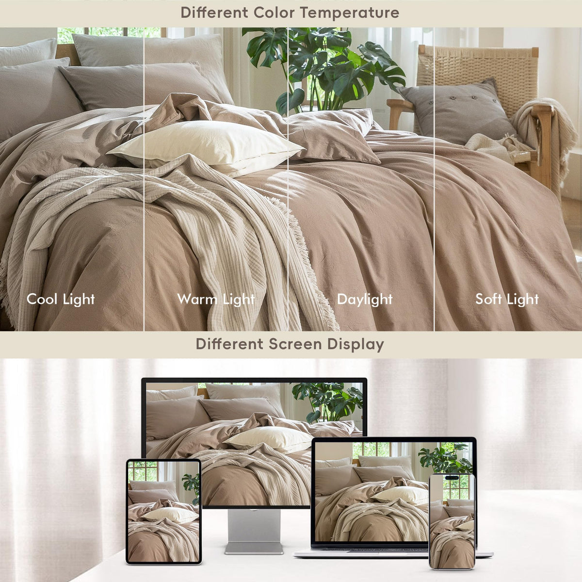 Bedroom setup with MooMee brown bedding on a cozy bed.