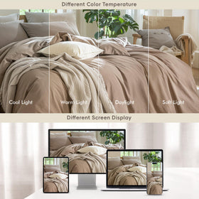Bedroom setup with MooMee brown bedding on a cozy bed.