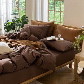 MooMee queen-size duvet cover set contents layout in cocoa brown