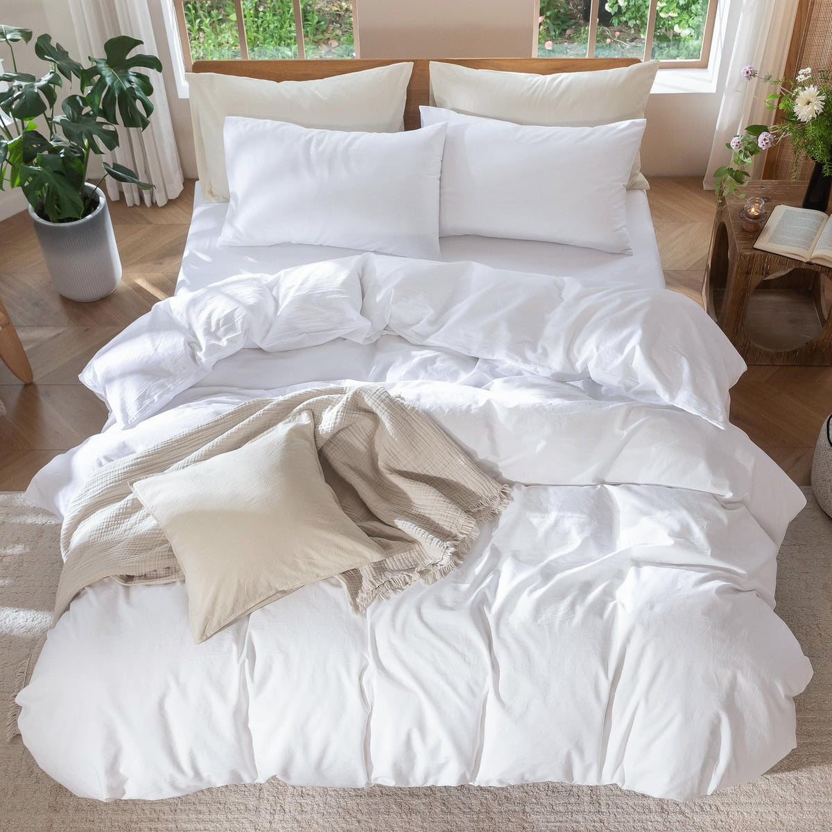 MooMee solid bright white bed scene for a fresh bedroom