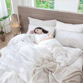 MooMee close-up reveals lived-in weave resembling linen with cotton-soft feel.