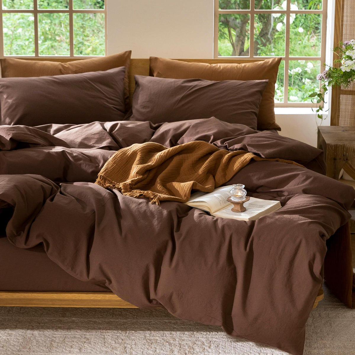 MooMee wrinkle-friendly cocoa brown bedding adds a relaxed ambiance