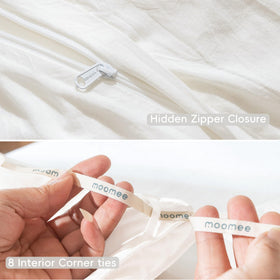MooMee care image demonstrates cool wash and low-heat drying guidelines.