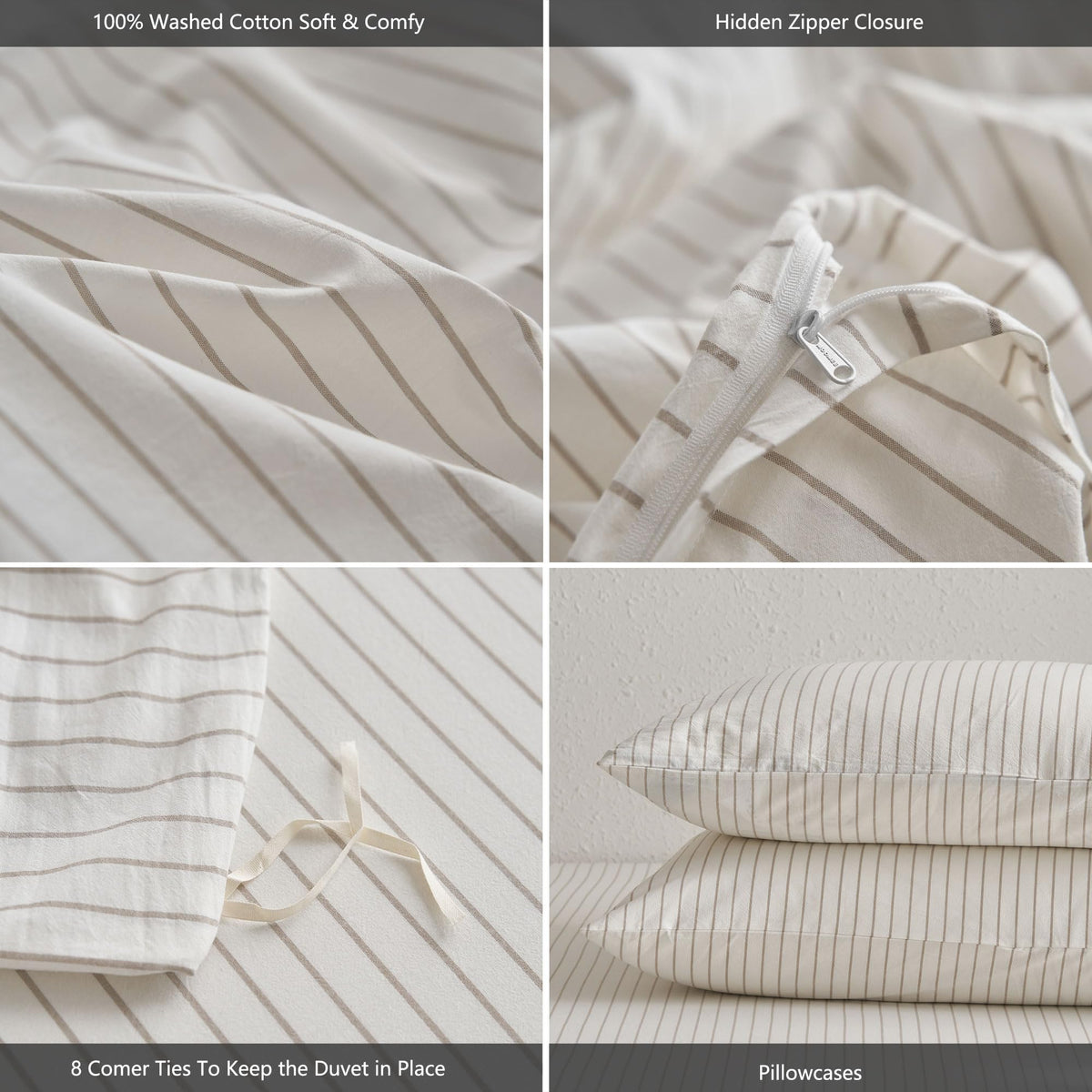 MooMee striped design adds calm, neutral backdrop for bedroom decor.