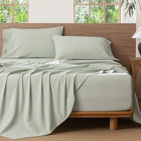 MooMee sage green sheets feature linen-like texture for a relaxed resort vibe