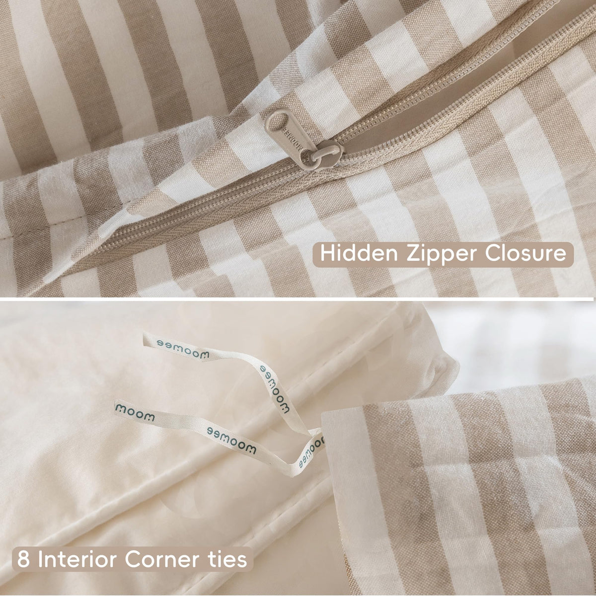 MooMee striped duvet cover styled bedroom setup for cozy appeal.