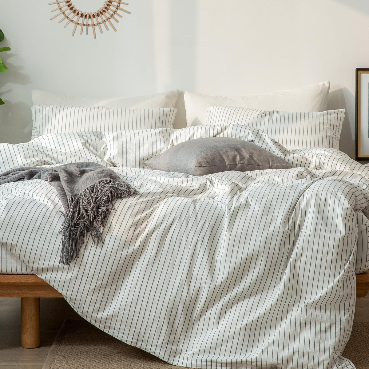 MooMee striped duvet cover full bed view shows breathable washed cotton feel