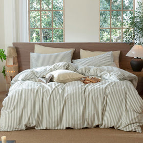 MooMee striped duvet cover in sage green and white, soft and breathable, keeps you cool on warm nights.