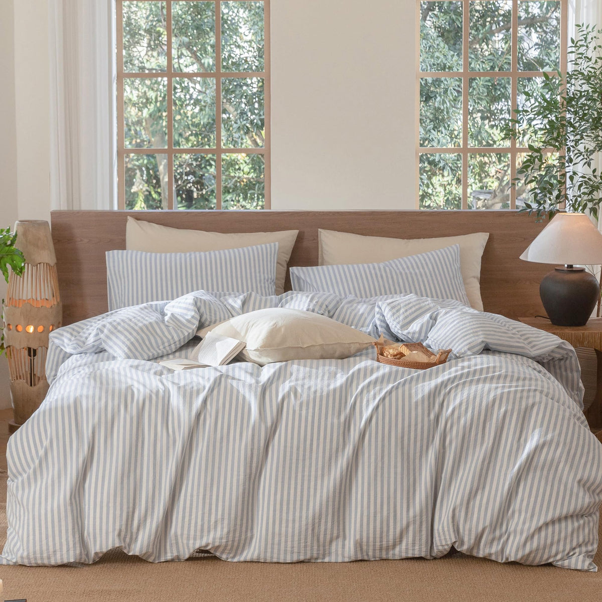 MooMee striped duvet cover set in cornflower blue and white for a timeless bedroom look.