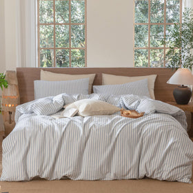MooMee striped duvet cover set in cornflower blue and white for a timeless bedroom look.