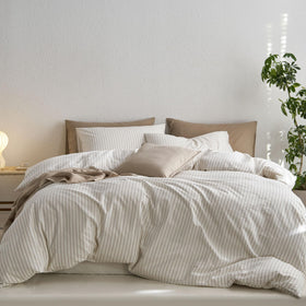 MooMee striped duvet cover set in white tannish linen grey with wide stripes; breathable and stylish.