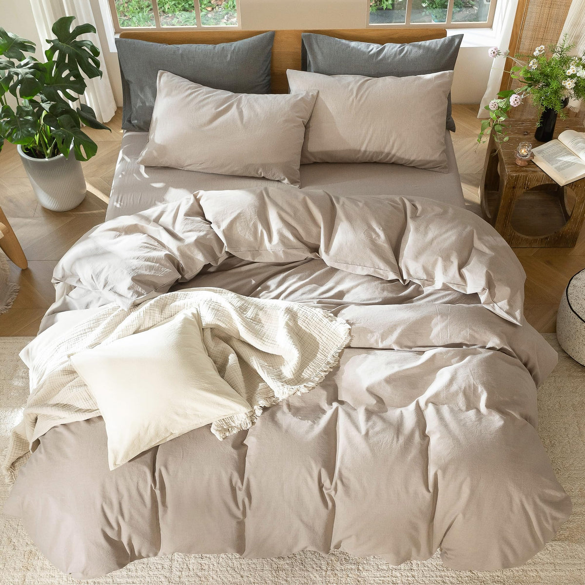 MooMee taupe linen-like weave conveys resort-style elegance and relaxed vibe.