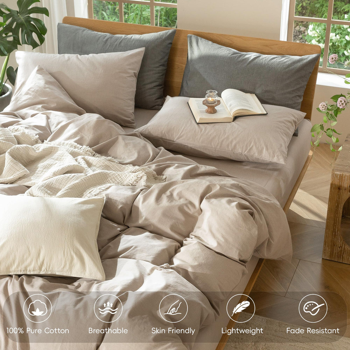 MooMee washed cotton detail highlights durable, cozy fabric for daily use.