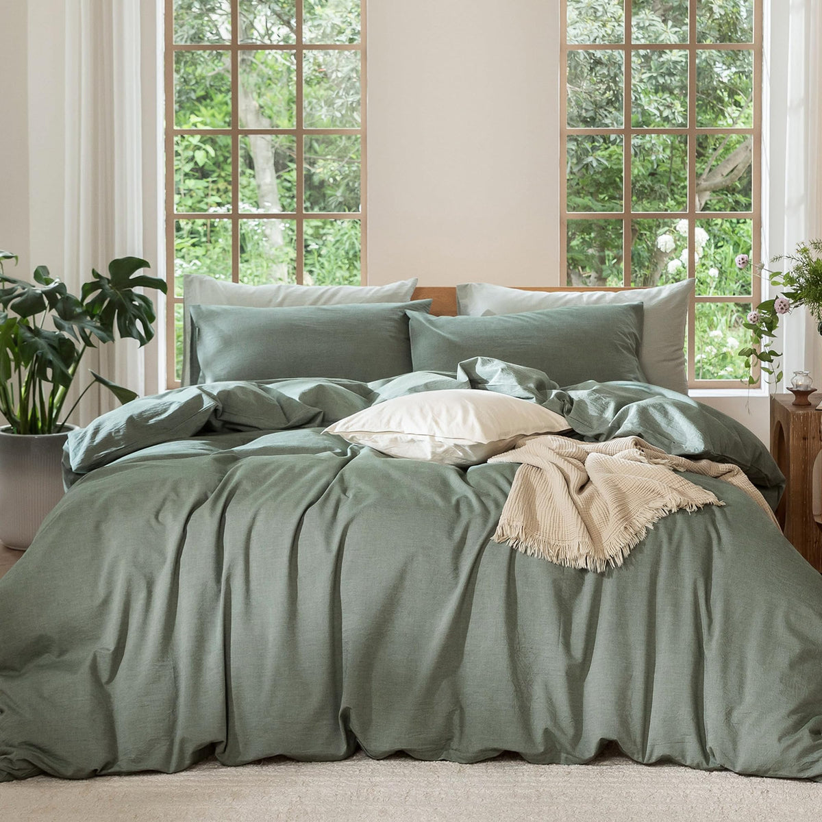 MooMee duvet cover closeup texture showing linen-like weave for breathable comfort.