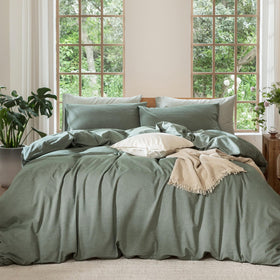 MooMee duvet cover closeup texture showing linen-like weave for breathable comfort.