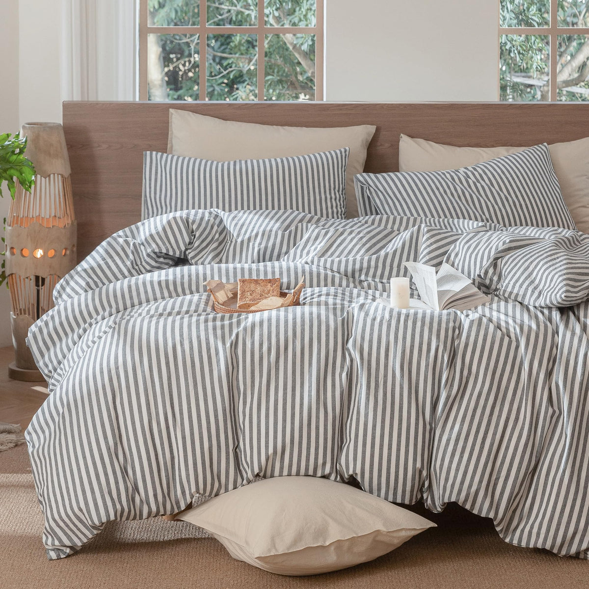 MooMee striped duvet on a king bed creates a stylish setup