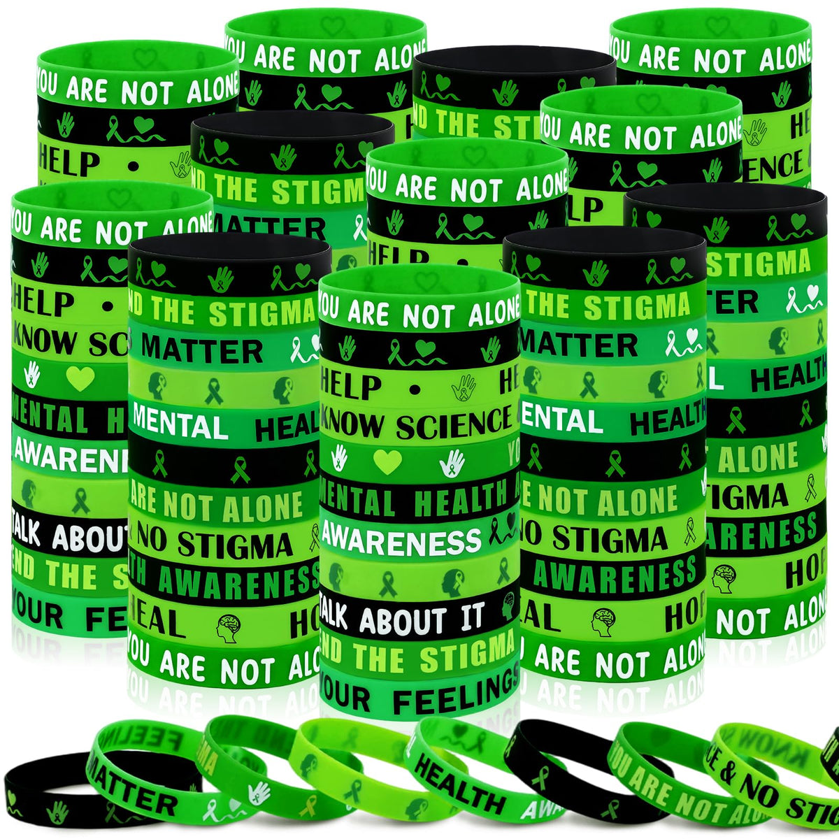 Moon Boat 144pc mental health bracelets bulk with green ribbons for awareness campaigns