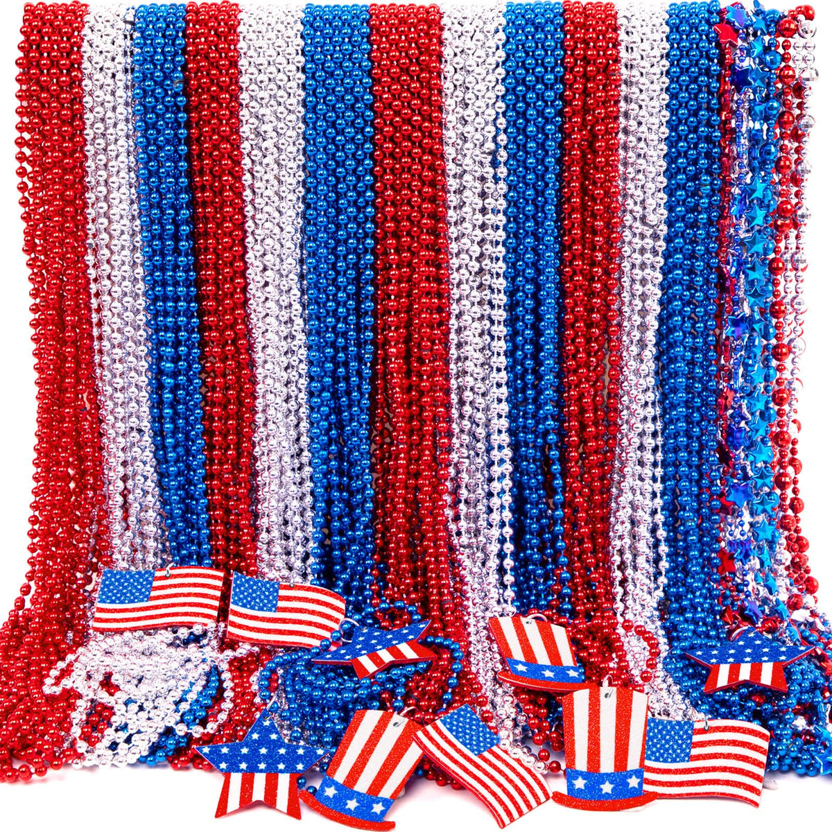 Moon Boat patriotic necklaces with blue, red, and white beads for July 4th celebrations.